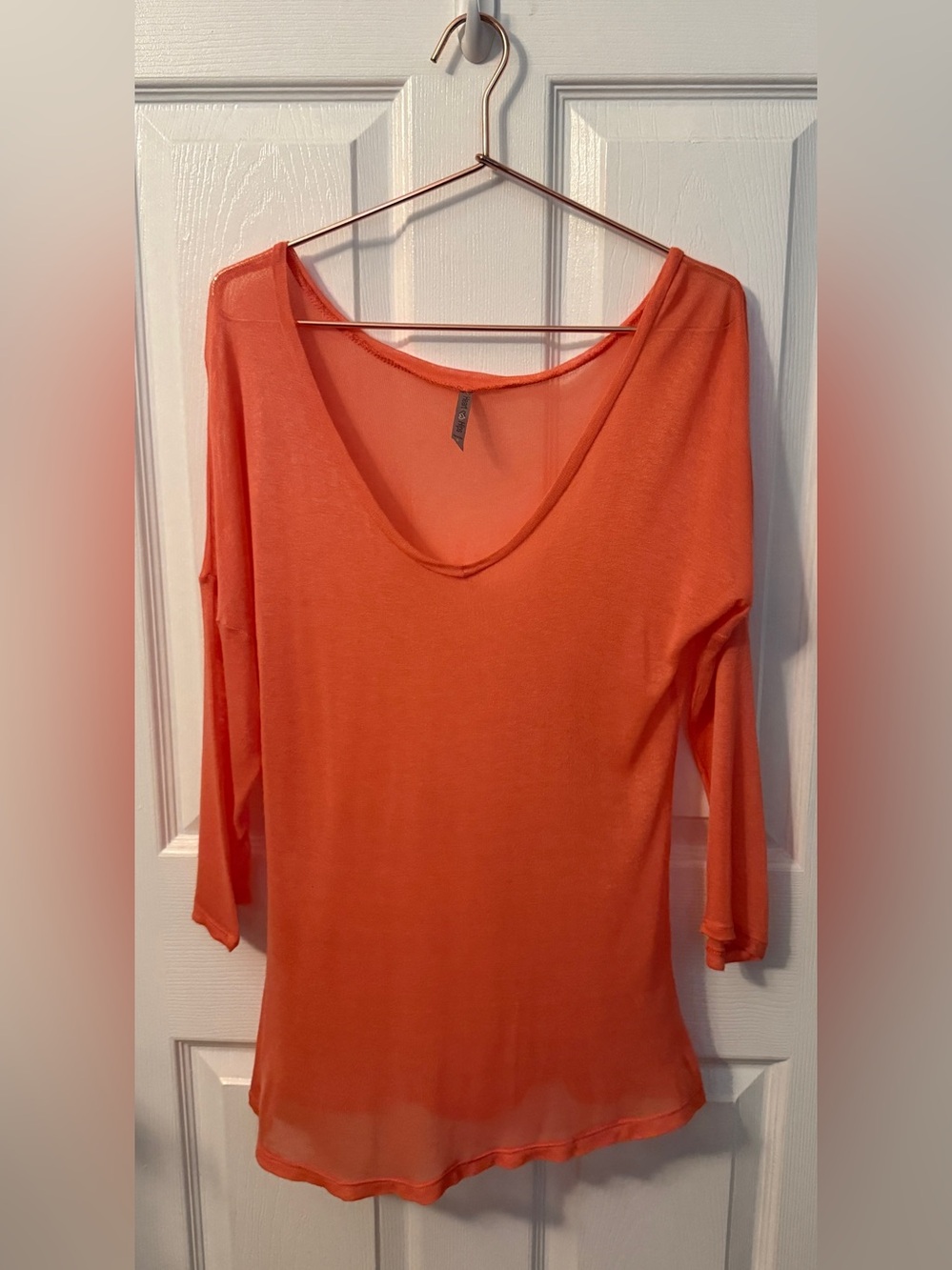 Heart& Hips Sheer 3/4 Sleeve Scoop Neck Rayon Sweater Top - Orange